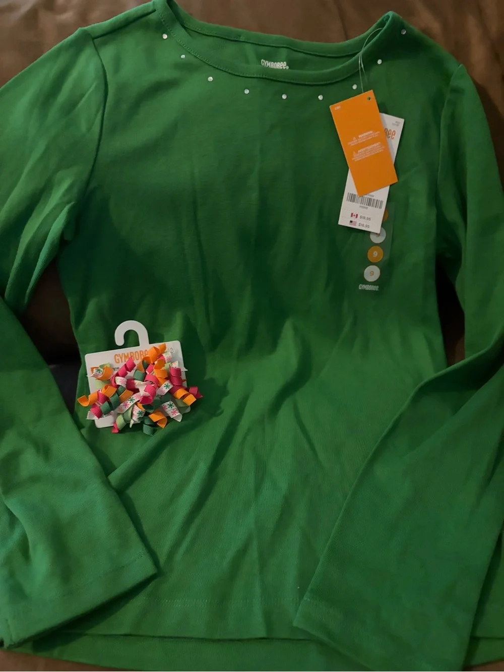 NWOT Gymboree Girls' Green LS Top with Jewel Accents and Matching Hair Clip